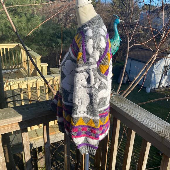 Rose Gray Elephant Print Vintage 80's Acrylic Sweater Medium - Picture 4 of 5